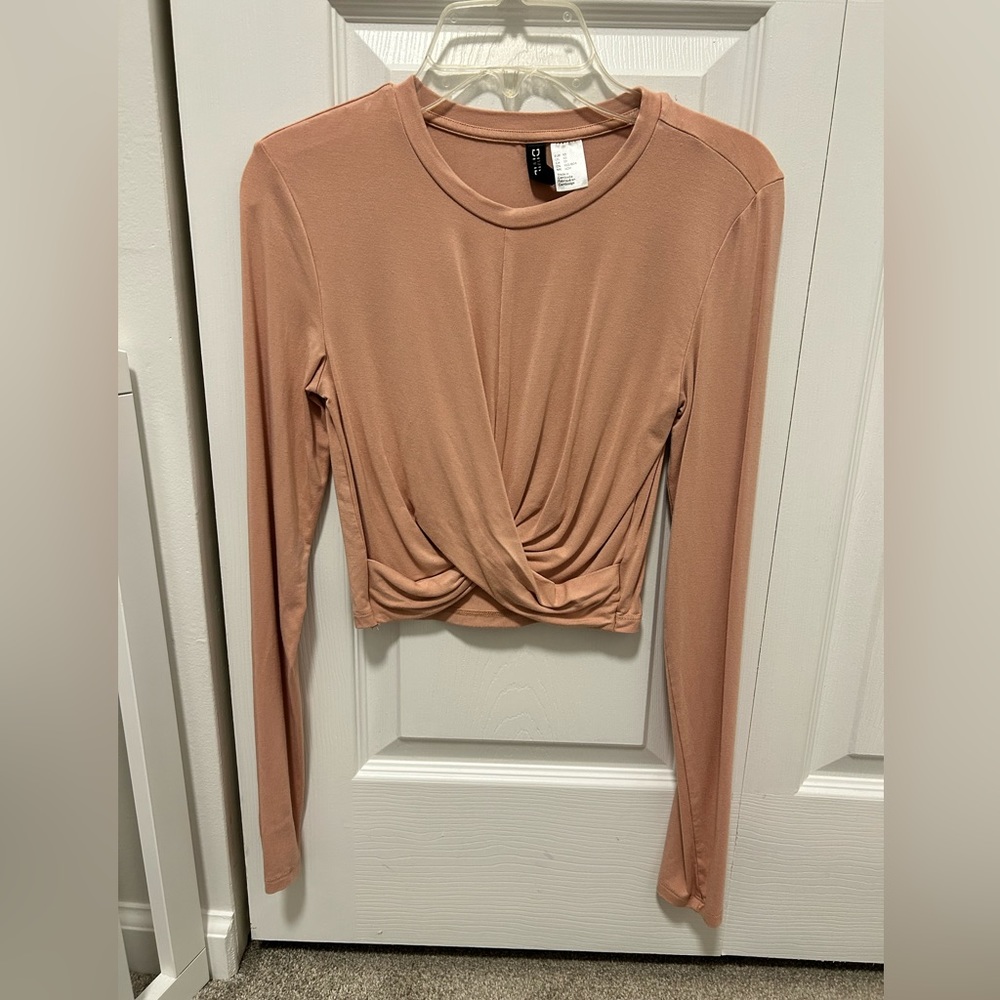 Pink Long Sleeve Twist Front Crop Top